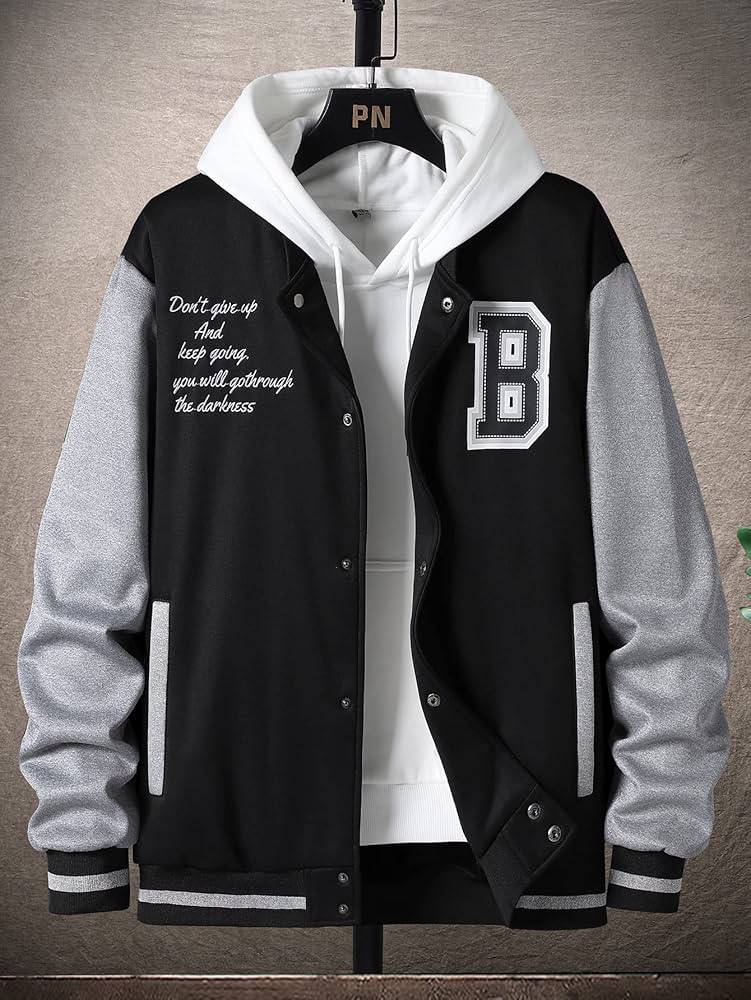 【BAON】[unisex] Riom Color Matching Printed Over Varsity JK Amazon.com: Jackets for Men - Men Slogan Graphic Striped
